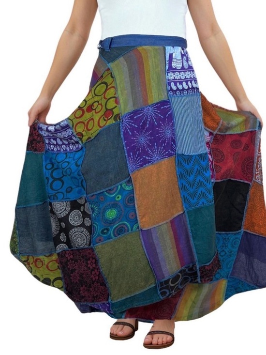 Agan Traders Dresses & Skirts - Agan Traders Blue Multicolor Patchwork Cotton Long Wrap Skirt Tie Size XXL